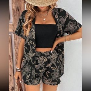 Black Floral Print Open Front Kimono & Shorts Swimsuit Cover Set
